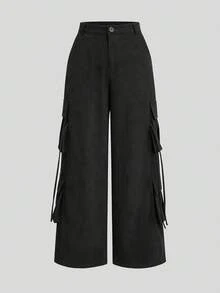 POPSWAY Plus Size Women's Multi-Pocket Corduroy Casual Western Straight Leg Cargo Pants, Autumn/Winter Fall Airport Formal Black - Black - View 3