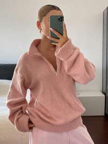 DAZY Sweater Rajut Wanita Warna Polos Longgar Kerah Tinggi Resleting Lengan Panjang Kasual untuk Liburan Musim Semi dan Gugur - Berwarna merah muda - View 3