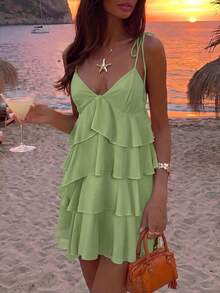 Aloruh Vestido mini de tirantes con volantes multicapa de color liso para mujer, ideal para vacaciones - Verde - Ver 3