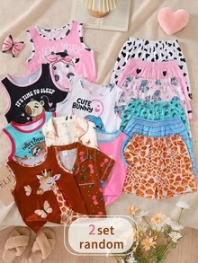 SHEIN [6pcs/2sets Randomly Young Girls Cartoon Print Short Sleeve Shorts Pajamas, Lightweight Summer Homewear, Suitable For Home, Outings And Various Occasions - Multicolor - View 1