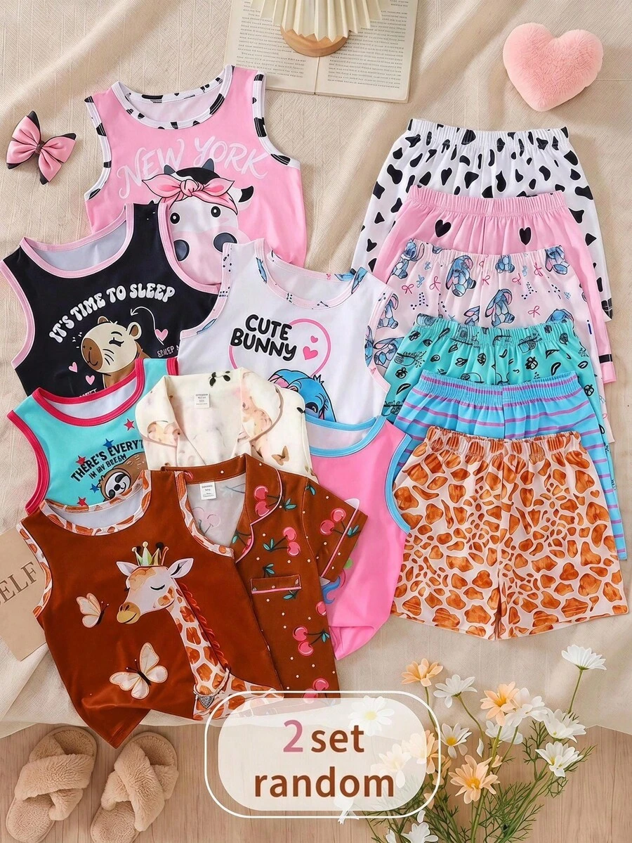 SHEIN [6pcs/2sets Randomly Young Girls Cartoon Print Short Sleeve Shorts Pajamas, Lightweight Summer Homewear, Suitable For Home, Outings And Various Occasions - Multicolor - View 1