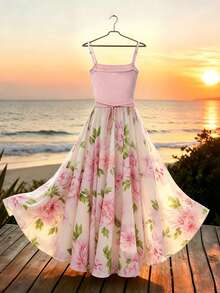 Franclia Women's Printed Sleeveless Dress, Blush Pink Patchwork, Casual Tropical Romantic Holiday Style Vacation Beach Summer - Baby Pink - View 2