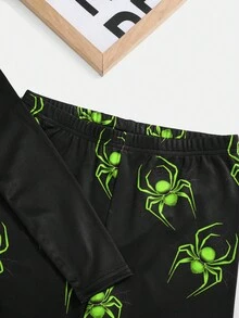 SHEIN 青少年男孩螢光綠蜘蛛圖案圓領修身長袖T恤與長褲套裝，柔軟舒適居家睡衣套裝 2件組，貼身剪裁 - 綠色 - 查看 3