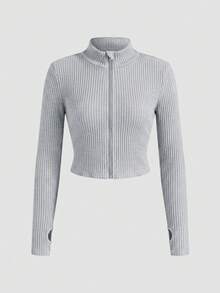 SHEIN Girlism Tween Girl NovaGlow 青少年女孩運動休閒日常針織素色開襟外套與喇叭褲套裝 - 灰色 - 查看 6