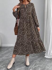 EMERY ROSE Plus Size Vacation Casual Ditsy Floral Dress Fall - Coffee Brown - View 4