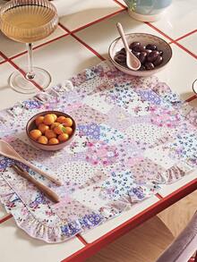 SHEIN Patchwork Floral Long Table Runner, Ruffled Edge Fresh Natural Pastoral Style Table Mat, Kitchen & Dining Room Decor, 2 Colors Available (Purple & Blue Patchwork Floral) - Purple/blue spliced flower - View 3