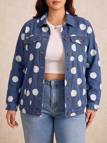 SHEIN LUNE Plus Size Polka Dot Print Denim Top Going Out Tops - Medium Wash - View 5