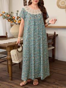 Lacomfia Floral Print Patchwork Collar Casual Loose Comfortable Short Sleeve Round Neck Plus Size Dress - Green - View 4