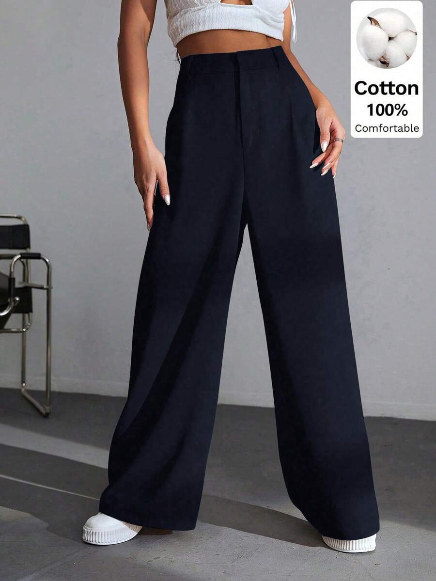 SHEIN EZwear 休閒百搭 100% 純棉海軍藍高腰寬腿褲,適合校園穿搭、全方位休閒穿著、派對與音樂節穿著、畢業季、開學季、度假季、都市辦公穿著 - 藍色 - 查看 1