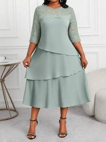 SHEIN Lady Plus Size Elegant Party Solid Color Lace Patchwork Dress - Green - View 6