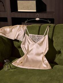 SilkySpell Sexy Beige Lace Backless Patchwork Camisole & Shorts Pajama Set For Women - Beige - View 3