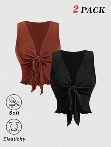 SHEIN MOD 2件組 V領前綁帶背心，極簡時尚、嬉皮、街頭風、波希米亞、熱帶度假風、辣妹風、性感、西部風、派對上衣 - 棕色 - 查看 2