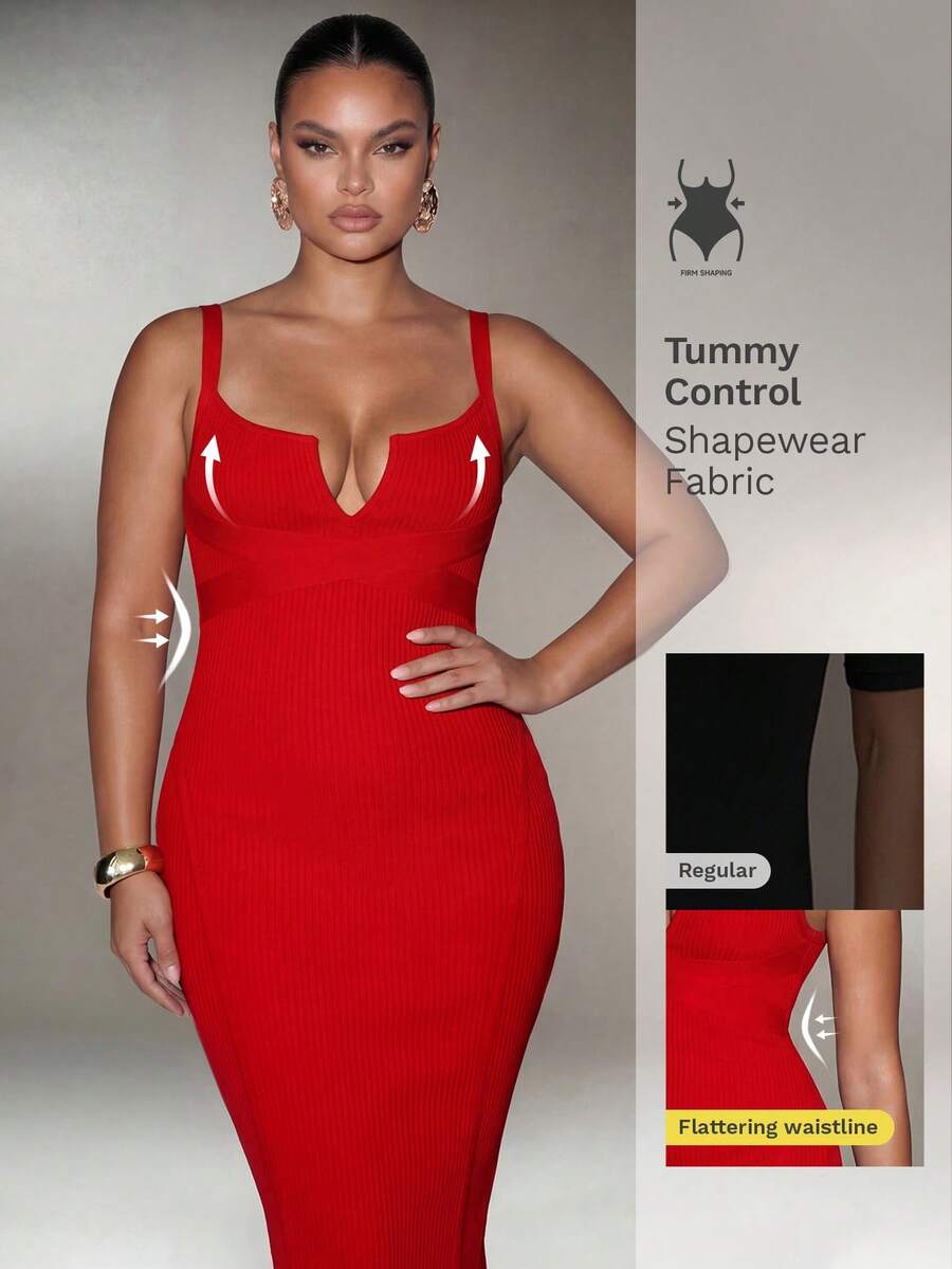 Nuvra Plus Size Red Deep V-Neck Slimming Sexy Spaghetti Strap Bandage Bodycon Dress - Red - View 1