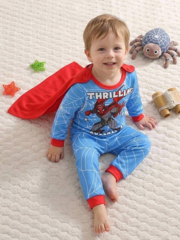 Baby Boy Snug Fit Pajama Cartoon Pattern Crew Neck Long Sleeve Pullover Top Elastic Waist Long Pants Tight 2 Pieces Set