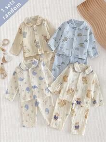 SHEIN Vintaside Kids 4套隨機發貨 1套 夏季秋季四季通用 嬰兒男童 俏皮可愛卡通車飛機海洋鯨魚熊月亮印花 柔軟舒適棉質雙層皺褶面料 娃娃領開襟衫長袖長褲居家服 - 彩色 - 查看 5