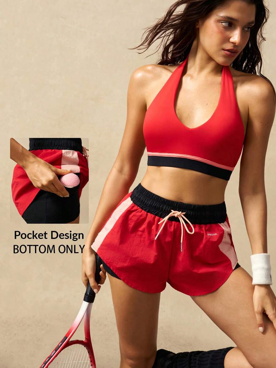 VARSIVA Women's Contrast Color Casual Pocket Drawstring Waist Sports Shorts