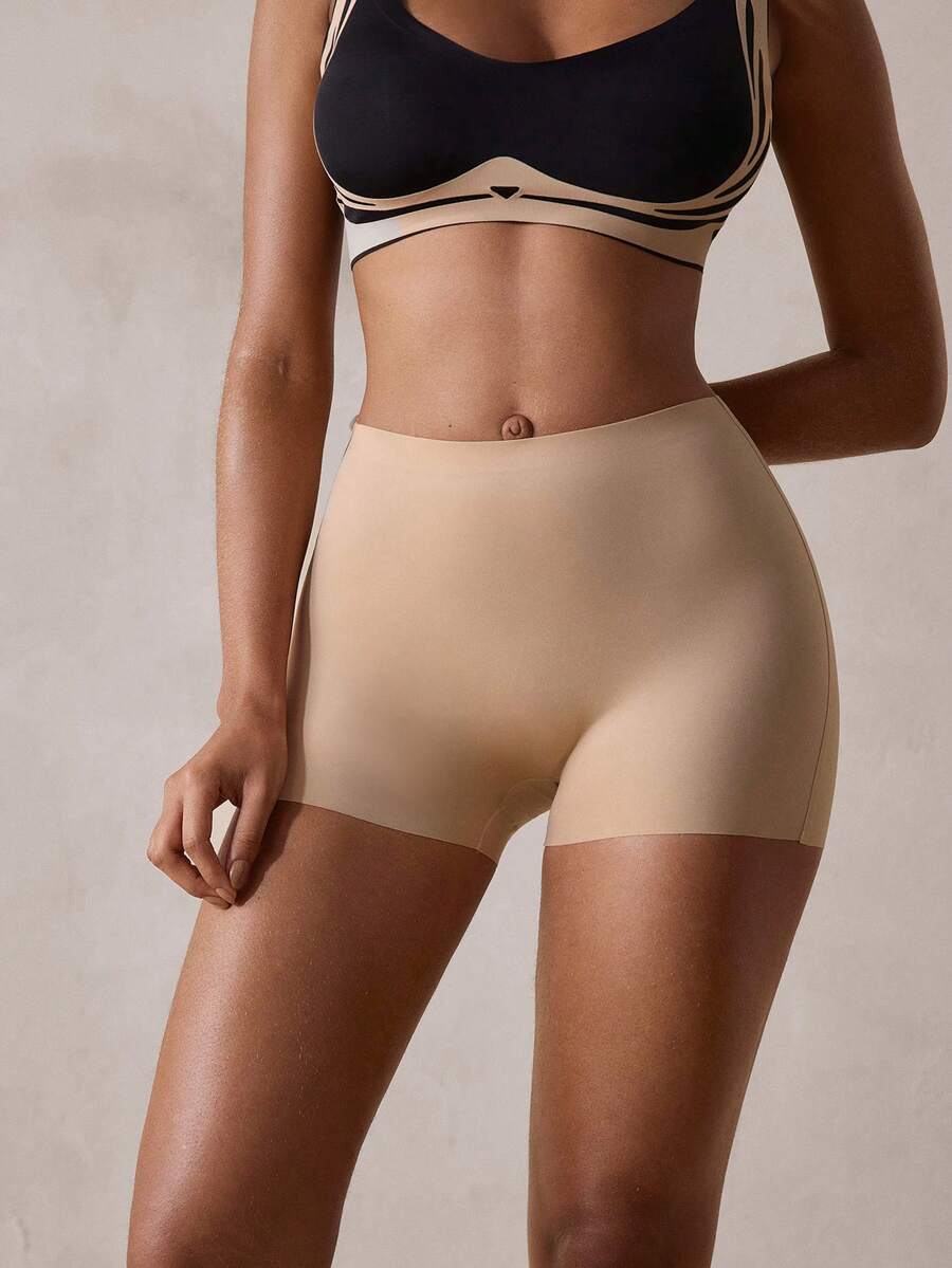 Veilyse 1pc Nude High Waist Seamless Ice Silk Anti-Exposure Women's Safety Pants, Breathable, Non-Rolling, Soft And Comfortable Women's Underwear - Apricot - View 1