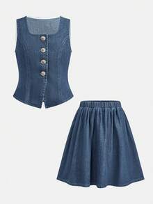 SHEIN Tween Girl Single-Breasted Top Kids And Elastic Waist Pleated Skirt Casual Daily Denim Set - Medium Wash - View 2
