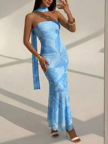 Aloruh Vestido Maxi Casual Elegante Estampado para Vacaciones de Mujer, Vestido Maxi con Cinta/Impresionante Vacación en la Isla/Vestido de Verano/Encantador Vestido Corto Sexy - Celeste - Ver 4