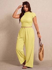 Elaquor Plus Size Women Solid Color Stand Collar Short Sleeve T-Shirt And Wide Leg Pants Casual 2-Piece Set - Light Yellow - View 1