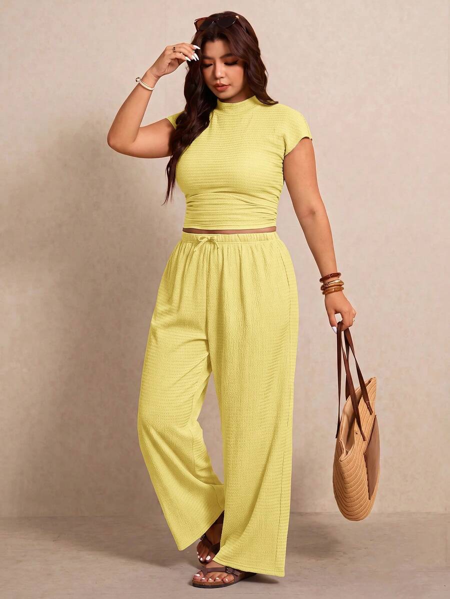 Elaquor Plus Size Women Solid Color Stand Collar Short Sleeve T-Shirt And Wide Leg Pants Casual 2-Piece Set - Light Yellow - View 1