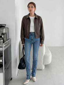DAZY Spring New Vintage Leather Jacket, Short Style, Regular Fit, Suitable For Valentine's Day - Brown - View 3
