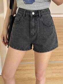 Livesso Petite Celana Pendek Denim Saku Kancing Serbaguna untuk Wanita, Cocok untuk Musim Panas - Hitam - View 8