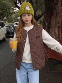 Hapijoa Tween Girl Letter Pattern Single-Breasted Casual Vest Winter Coat - Brown - View 6