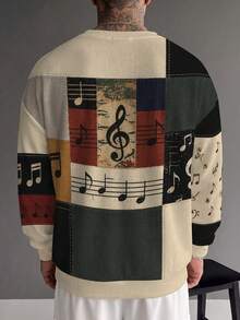 Gym Rark Sweatshirt Leher Bulat Patchwork Vintage Pria, Desain Patch Jahitan Blok Multi Warna, Cetakan Notasi Musik Retro & Kunci G di Seluruh Permukaan, Potongan Longgar Kasual - MultiWarna - View 2