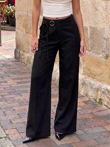 TRNVIE Women's Autumn Black Ultra‑Low‑Waist Straight‑Leg Casual Pants For Outings, Daily‑Wear, Gatherings, Casual‑Vacation & Chic‑Office‑Wear - Black - View 4