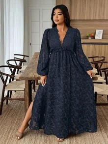 Weeklong Plus Size Women Jacquard Sheer Lace Trim Casual Long Dress, Suitable For Everyday Wear, Autumn/Winter Fall - Navy Blue - View 4