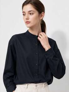 SHEIN BASICS Women's Solid Color Casual All-Match Minimalist Professional Versatile Daily Long Sleeve Shirt Teachers' Day Office Black Autumn - Black - View 5