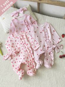 SHEIN Vintaside Kids 3套隨機發送1套，2件裝新生女嬰居家服，可愛草莓愛心櫻花印花女嬰荷葉邊長袖連身連腳褲附髮帶 - 粉色 - 查看 4
