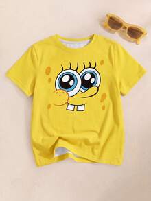 SpongeBob SquarePants | SHEIN 青少年女孩夏季休閒可愛卡通圖案短袖T恤 卡通襯衫 青少年女孩可愛T恤 動畫T恤 青少年卡通圖案T恤 動漫襯衫 - 白色 - 查看 1