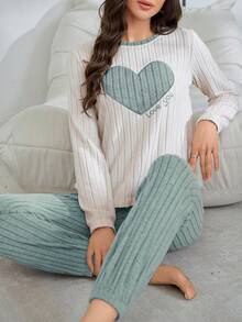 SHEIN 秋冬薄刷毛甜美刺繡愛心居家服 2 件套 - 淺藍色 - 查看 1