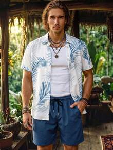 Genlund Plus Size Men's Tropical Plant Print Short Sleeve Shirt And Shorts Beach Outfit, Holiday - Blue - View 5
