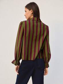 Nöista Olive And Burgundy Striped Blouse With A Tie Neck And Ruffle Trim.  Elegant Blouse Office Wear, Formal Occasions,Day-To-Night,Fall, Autumn, Winter. - Green - View 5