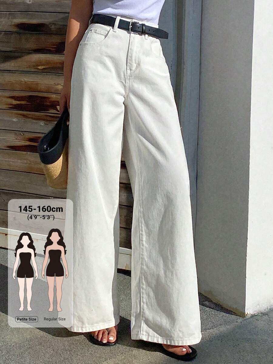 Livesso Petite 女款口袋寬腿鬆垮休閒百搭牛仔褲 夏季日常上學穿著 米白色 - 白色 - 查看 1