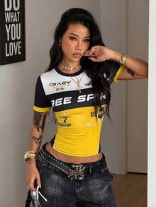 Coolane Camiseta de manga corta con cuello redondo, bustier elástico con bloques de color negro y rojo, estilo streetwear sexy Y2k chic, ropa deportiva para rave, club, regreso a clases y uso diario, con gráficos, para mujer en verano - Amarillo - Ver 6
