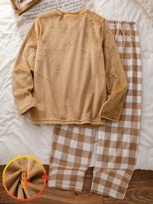 Conjunto de 2 piezas de ropa de estar en casa para adolescentes, top de manga larga a cuadros color albaricoque y pantalones largos, estilo minimalista casual, forrado de felpa y engrosado, para otoño/invierno - Caqui - Ver 2