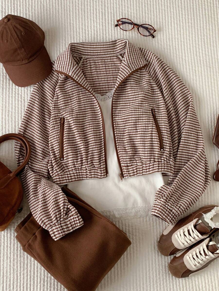 Comfortcana Women's Casual Plaid Jacket, Autumn - Brown - View 1