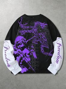 ROMWE MEN Camiseta 2 en 1 con estampado de ángel y patchwork de bloques de color para hombre - Negro - Ver 1