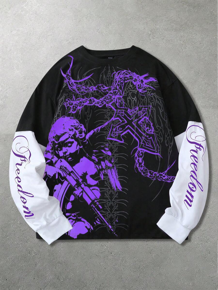 ROMWE MEN Camiseta 2 en 1 con estampado de ángel y patchwork de bloques de color para hombre - Negro - Ver 1