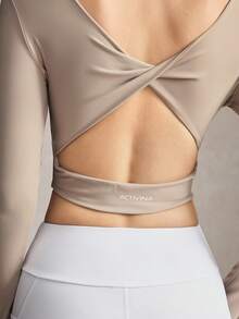 Activina Women's Solid Color Back Cutout Twist Design Long Sleeve Cropped Sports T-Shirt - Beige - View 4