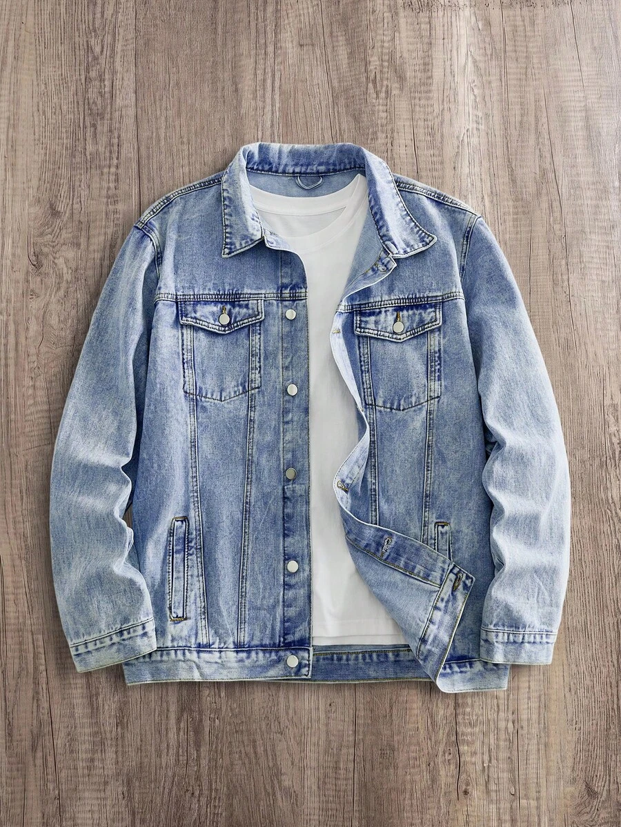 Manfinity Joysei Men Plus Size Simple Solid Color Plain Urban Casual Long Sleeve Denim Jacket For Daily Wear Going Out Hang Out Party Vacation Street, Fall - Medium Wash - View 1