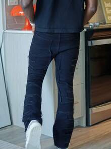 Harrin Don Harrin Don Celana Jeans Slim Fit Flare Pria dengan Tambalan Karet dan Motif Kumis Kucing, Gaya Emo - Hitam - View 2