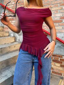 BiaLiraa Women's Casual Music Festival Off The Shoulder Mesh Ruffle Asymmetrical Hem Tops Summer - Burgundy - View 3