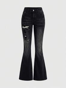 ROMWE Spring/Summer Y2K Harajuku Sexy Cross Distressed Frayed Skinny Ultra Low Waist Women's Jeans - Black - View 1