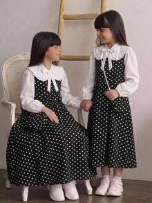 SHEIN Tween女孩女童連衣裙 春秋冬款 梭織波點白色可愛彼得潘領 荷葉邊蝴蝶結裝飾拼接中長洋裝 - 卡其色 - 查看 1