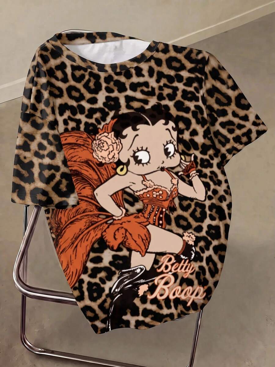 Betty Boop x SHEIN 男士休闲豹纹卡通图案圆领短袖T恤，夏季 - 白色 - 查看 1
